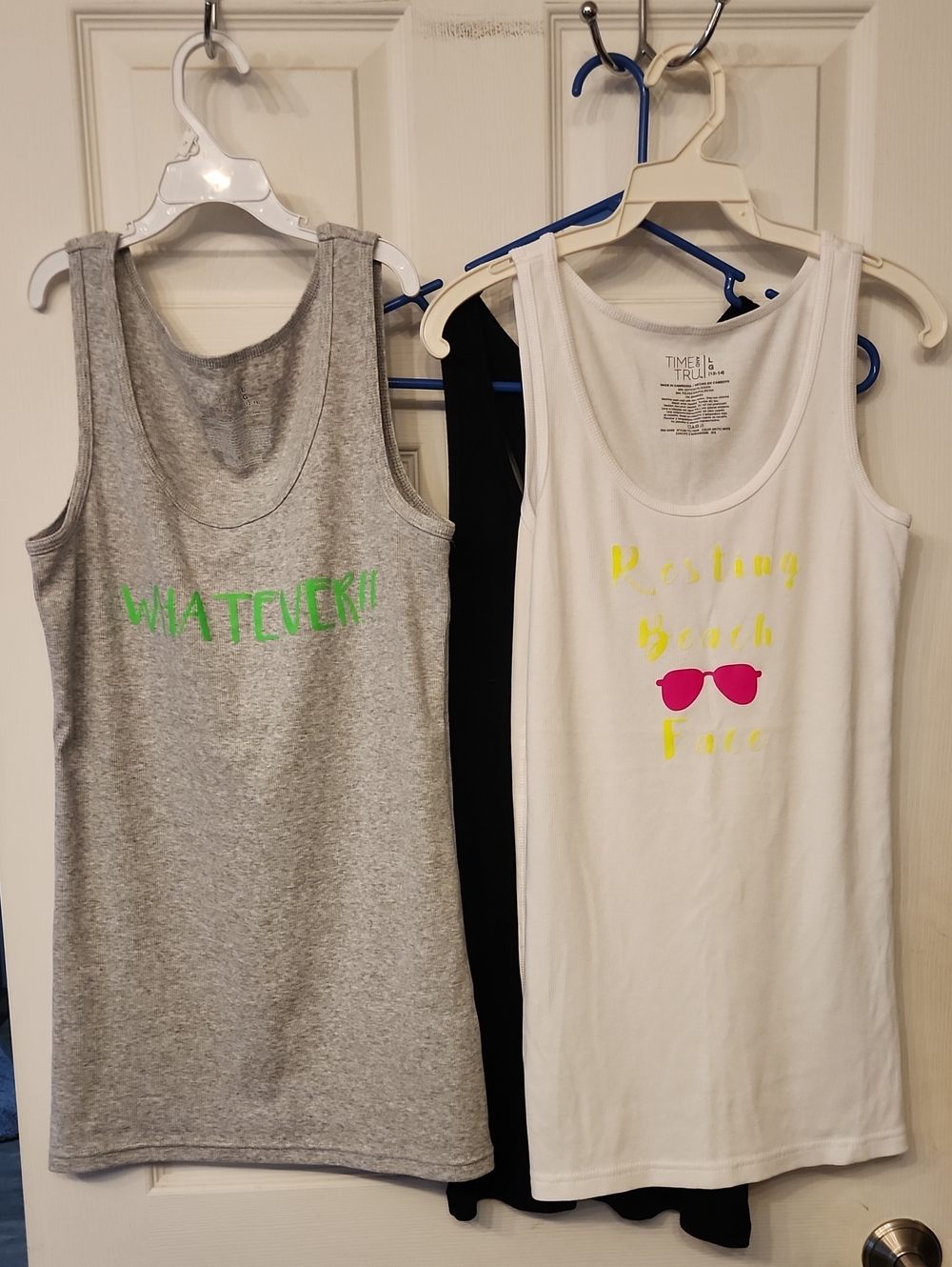 Time and Tru White, Black & Gray Graphic Tank Top Set - Neon Accents